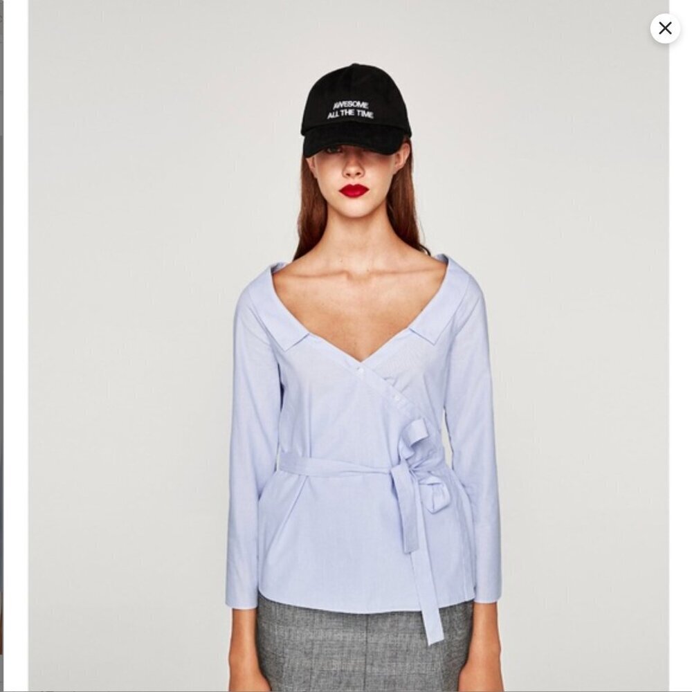 Zara Striped Wrap Blouse with Belt in  Sky Blue Size XS NEW WITH TA…